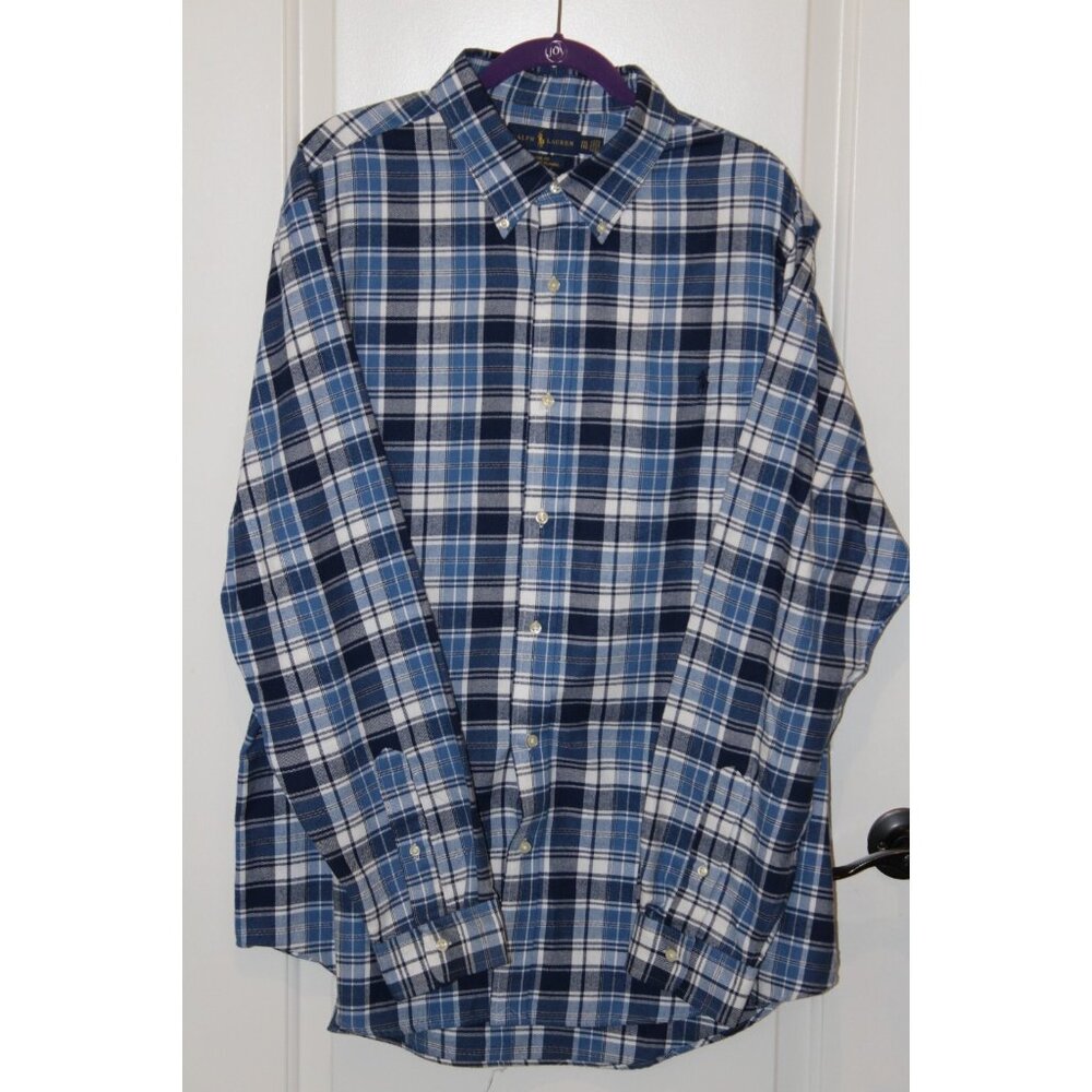 Ralph Lauren Blue Label Flannel Shirt Mens 2XL Classic Fit Blue Plaid